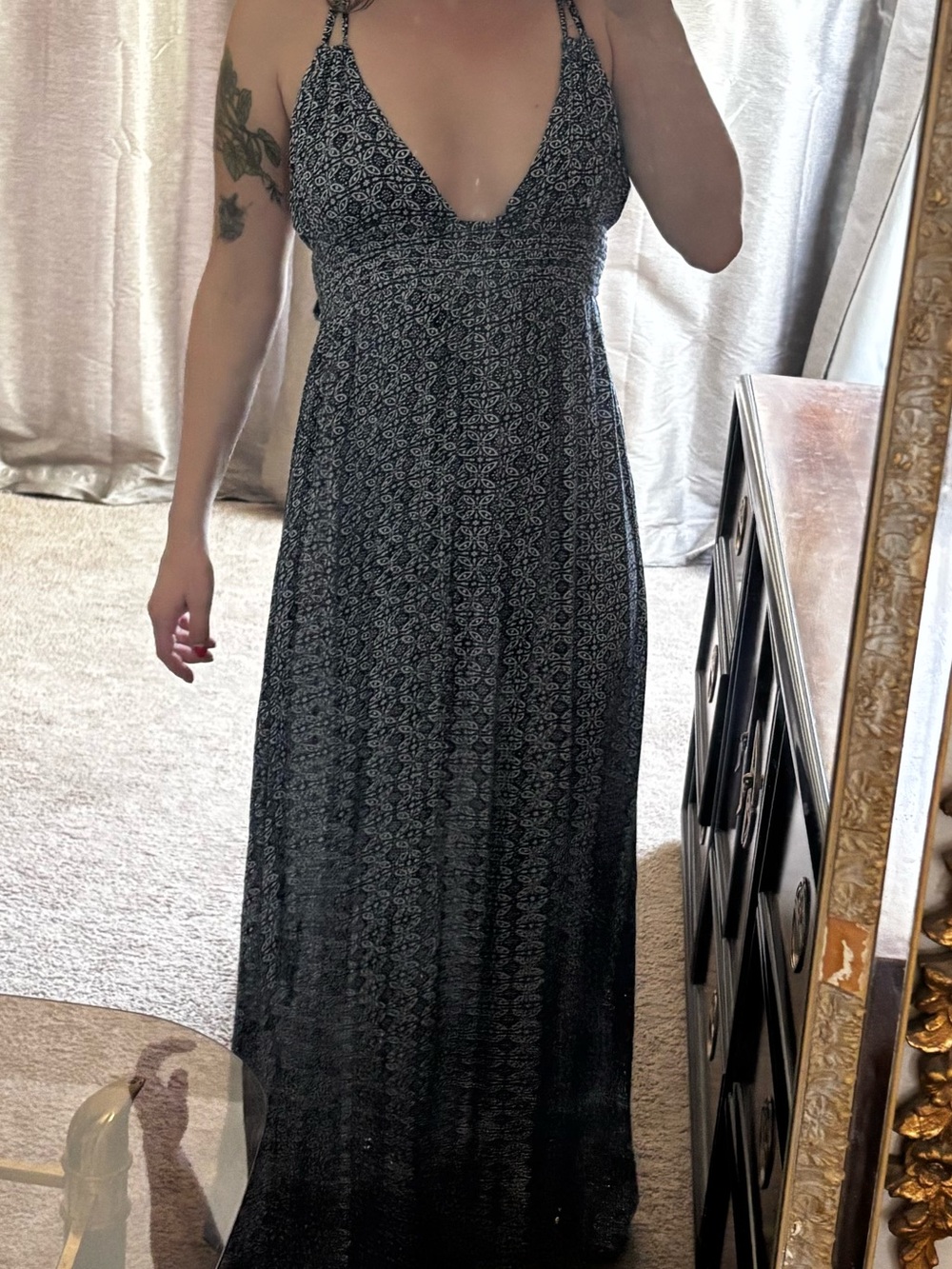Navy blue & White Patterned Maxi Dress - Tie Strap Sundress - Picture 5 of 5